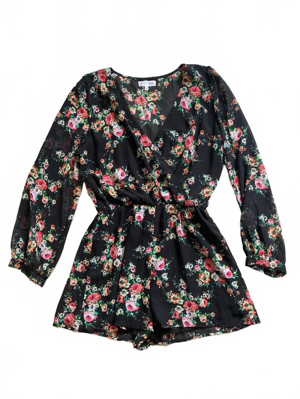 Emerald Sundae Women's Floral Print Long Sleeve Romper, Size Medium